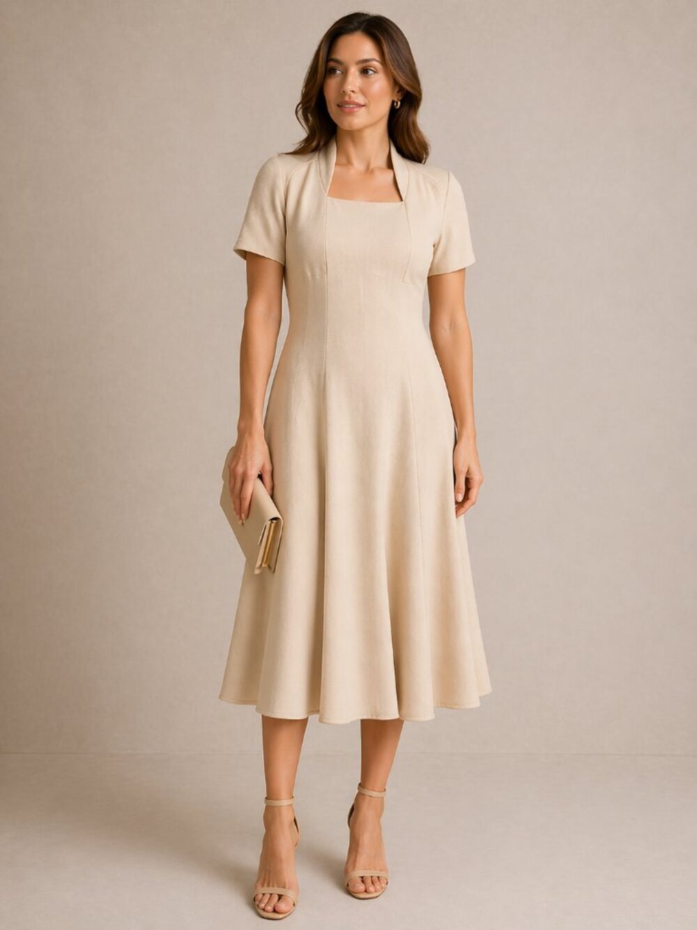 Bill Blass Wool Cashmere Fit Flare Midi Dress Beige - Size 8